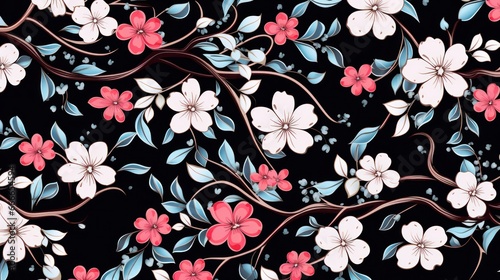 Japanese Luxiry Flower Vine Vector Seamless Pattern