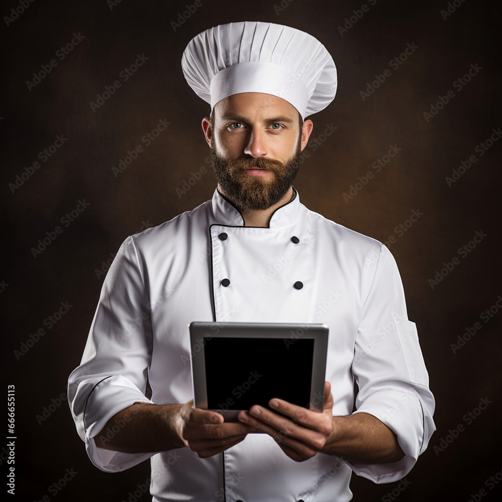 Chef receiving food orders on the tablet. Chef receiving food orders on the tablet.