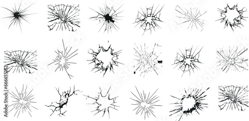 Cracked glass vector illustrations, a unique collection of broken glass patterns on a white background depict the beauty of destruction and the fragility of glass. capture essence of shattered glass photo