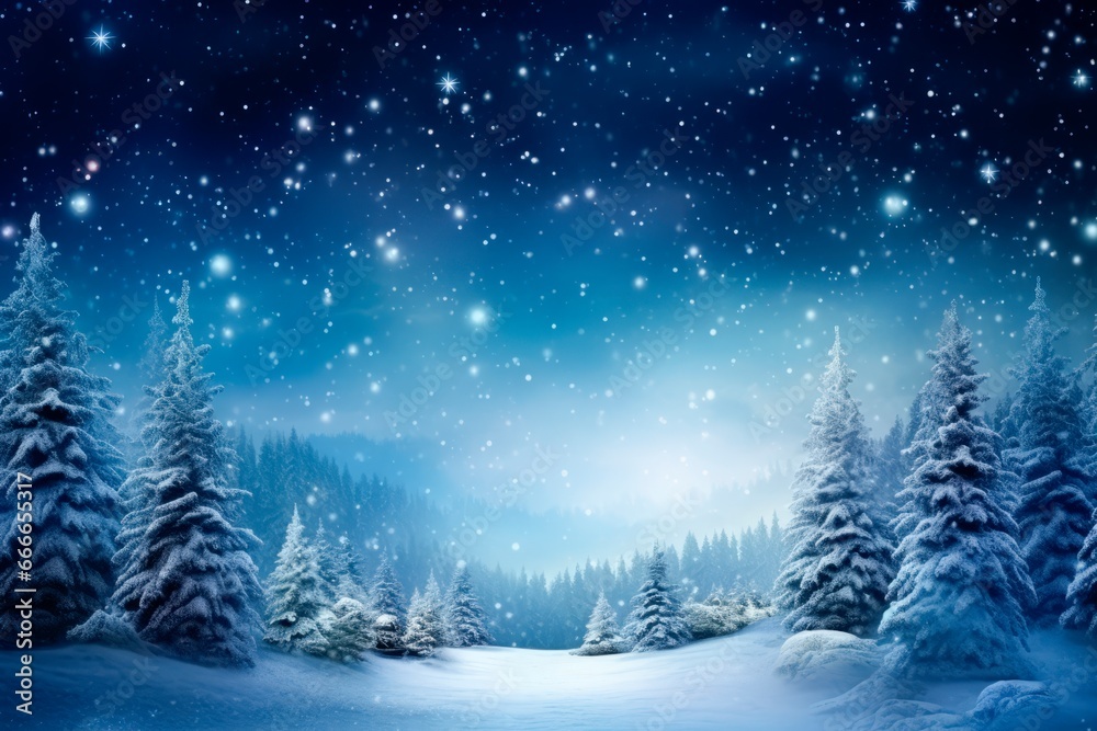 winter night forest background with stars, snowy trees and snow, winter and christmas concept, copy space for text