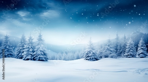 winter night forest background with stars, snowy trees and snow, winter and christmas concept, copy space for text