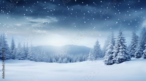 winter night forest background with stars, snowy trees and snow, winter and christmas concept, copy space for text © XC Stock
