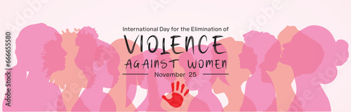 International Day for the Elimination of Violence Against Women banner design. It features silhouette of women in pink and red color. Vector illustration