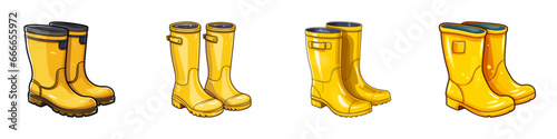 Cartoon yellow rubber rain boots set. Vector illustration