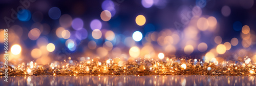 Close up golden glitter on abstract bokeh background