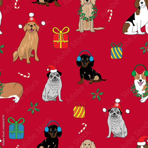 Christmas vector seamless repeat pattern with different dog breeds wearing party hats among gift boxes. Funny festive background with merry xmas dogs, candy canes, gifts, holly berry branches.