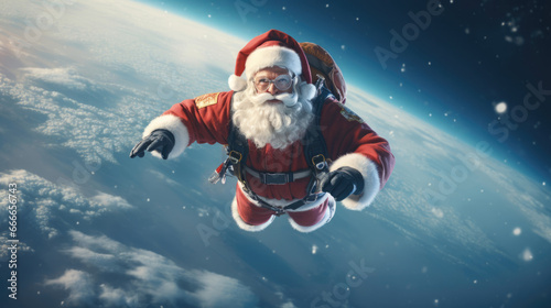 Santa Claus skydiving into a winter wonderland, his red suit billowing in the wind