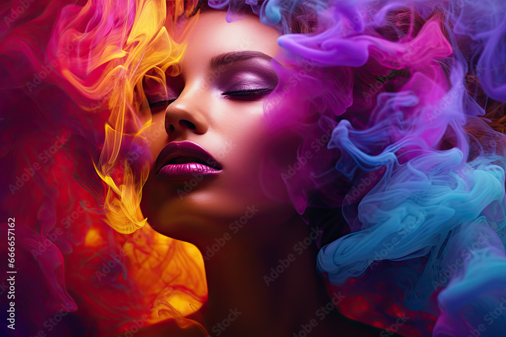 portrait of woman inside colorful smoke, generative ai