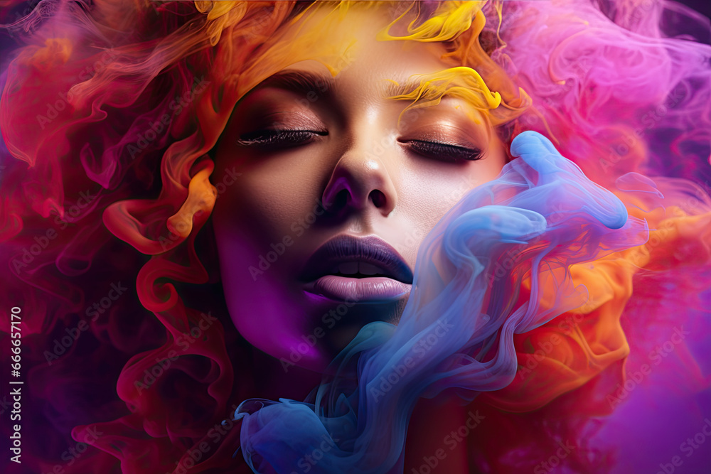 portrait of woman inside colorful smoke, generative ai