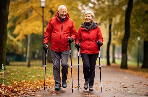 Elderly couple enjoying Nordic walking in autumn park