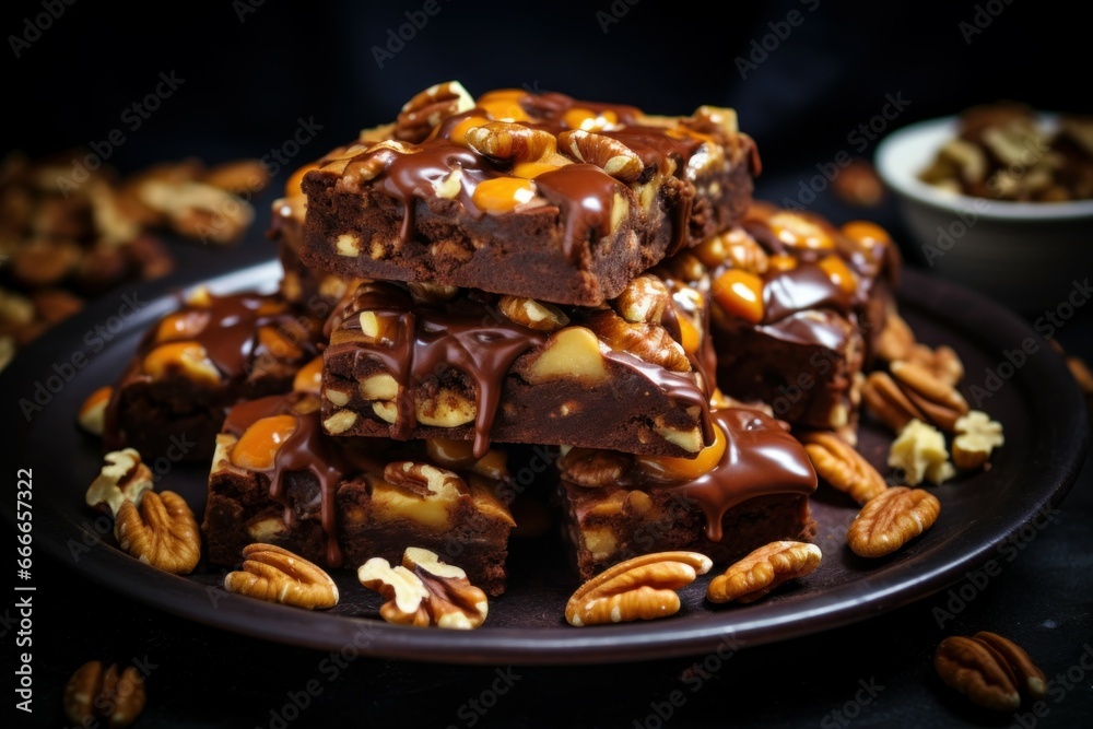 Crunchy Brownies caramel nuts. Bakery dessert. Generate Ai Crunchy Brownies caramel nuts. Bakery dessert. Generate Ai