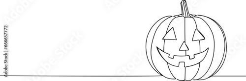 continuous single line drawing of jack-o-lantern halloween pumpkin, line art vector illustration
