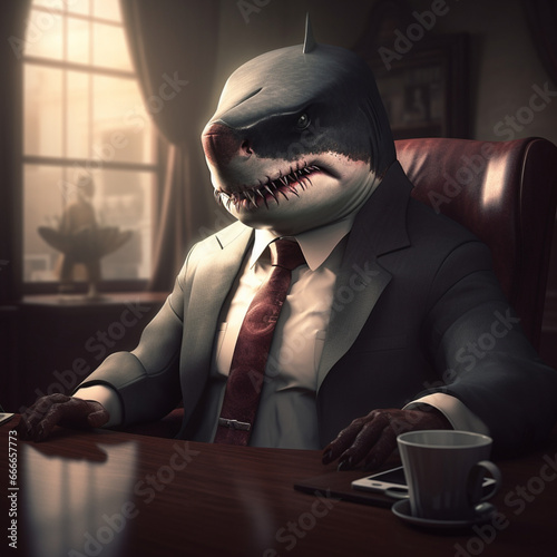 Shark in elegant suit in the office. Business shark concept.