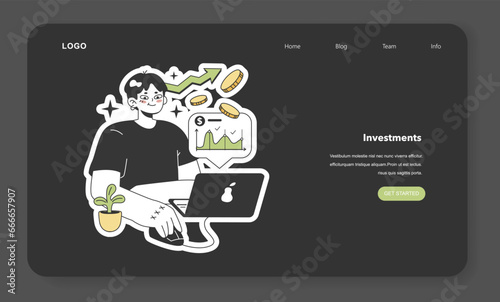 Financial literacy nighmode or darkmode web banner or landing page