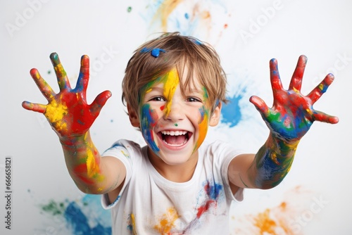 A creative and messy children s activity  Caucasian child enjoys finger painting with bright colors and youthful enthusiasm.