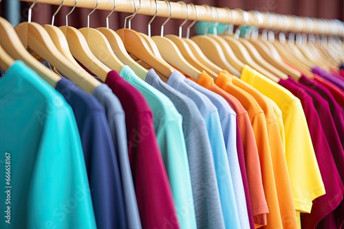 The retail store's colorful assortment of fashion t-shirts offers consumers a wide variety of choices.