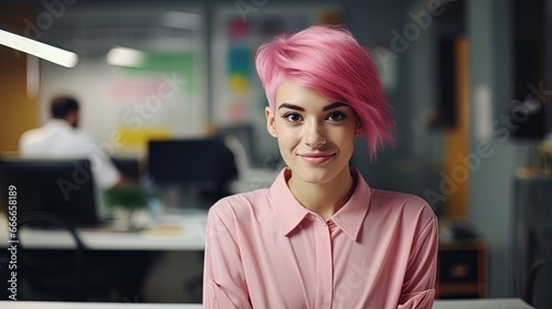 Portrait of beautiful professional businesswoman with short pink hair looking at camera. Modern corporate office workplace scene.