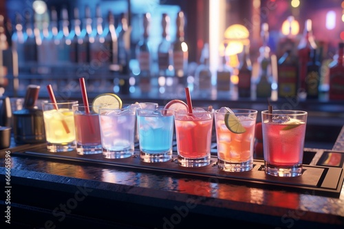 Various drinks on counter with blurry bar surroundings. Generative AI