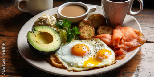 Breakfast with avocado toast, salmon, eggs and coffee. Generative AI.