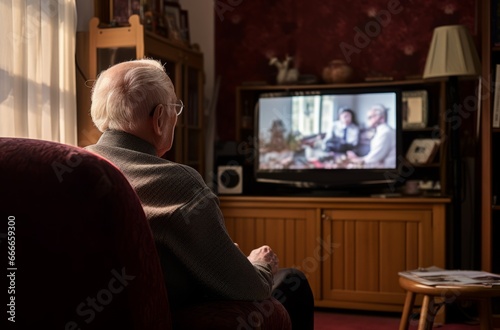 Elderly man in burgundy armchair watching TV in his room
