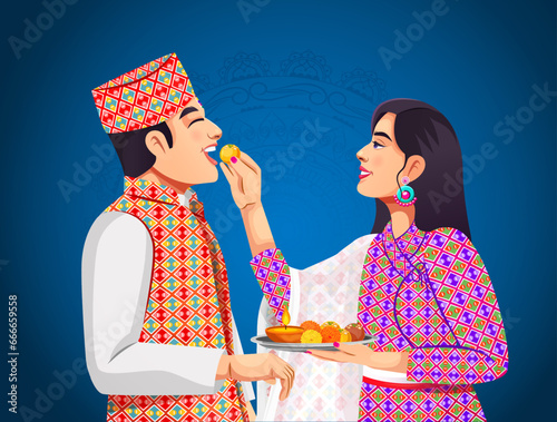 Vector background for Bhai Tika or Bhai Tihar a festival in Nepal celebration. Nepali people character design