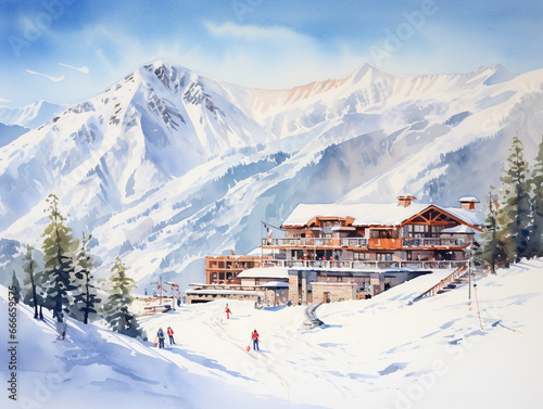 Illustration of a ski resort in winter drawing using watercolor medium. Facilities for skiers are available here. The weather is good with a bright and blue sky.