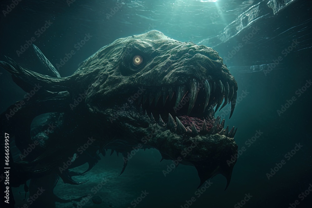 Creepy monster leviathan in the deep dark ocean. Horror atmosphere - obrazy, fototapety, plakaty 