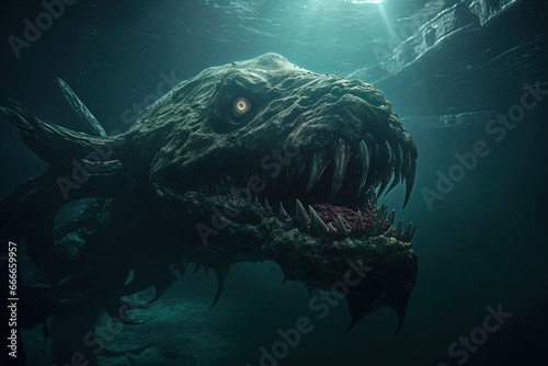Creepy monster leviathan in the deep dark ocean. Horror atmosphere