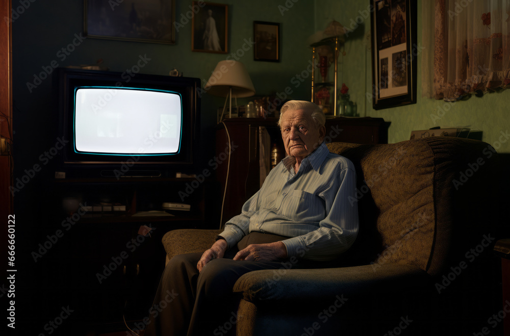 Elderly man in burgundy armchair and TV with white screen in his room