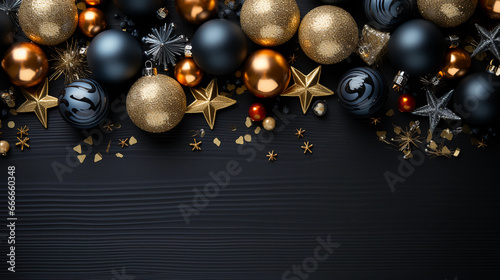 dark christmas background with balls and stars. copy space