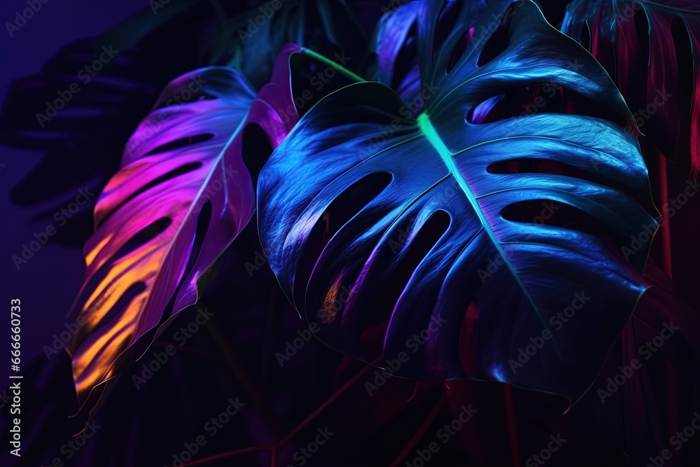 Obraz premium Neon tropical banner with monstera leaves. Nature concept
