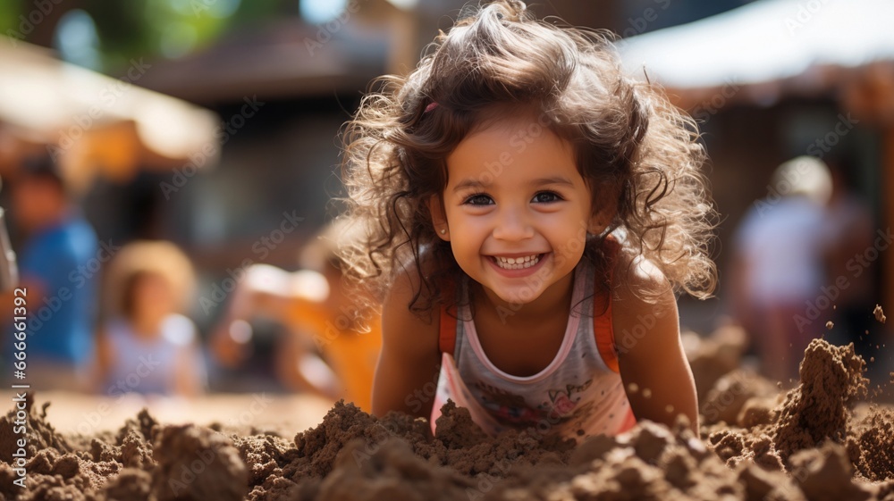 adorable young child having fun in the sand in the playground. adorable young child having fun in the sand in the playground.