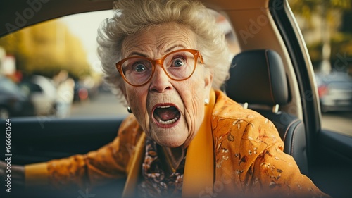 An elderly woman who is driving in traffic becomes irate and shouts loudly while agitated and argumentative.. photo