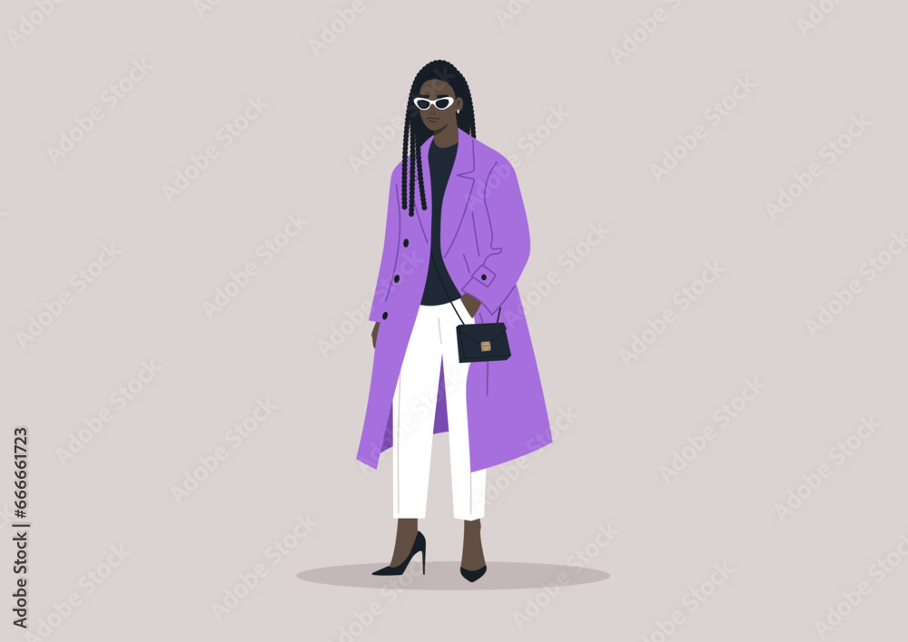 A sophisticated young woman donning an elegant purple trench coat, accompanied by a small black handbag, and featuring stylish cat-eye sunglasses