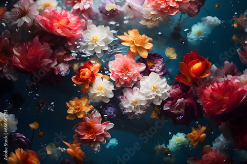 multi-colored flowers on the surface of the water. view from above. wallpaper. generative ai