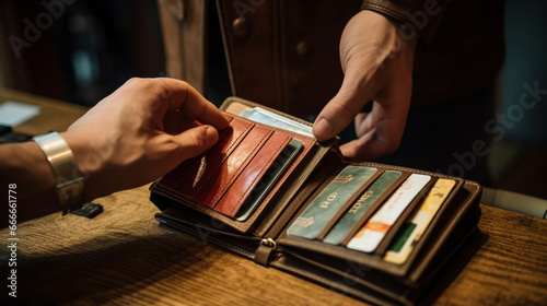 A man delicately flips through the sections of his wallet, showcasing the different compartments for bills, cards, and identification.  photo