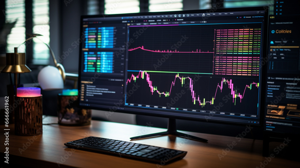 A computer monitor displaying an interactive stock price chart with technical indicators and trend analysis tools for investors. A computer monitor displaying an interactive stock price chart with technical indicators and trend analysis tools for investors.