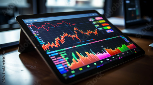 Stock market data displayed on a tablet screen, with colorful graphs and charts depicting price movements and trends.  photo
