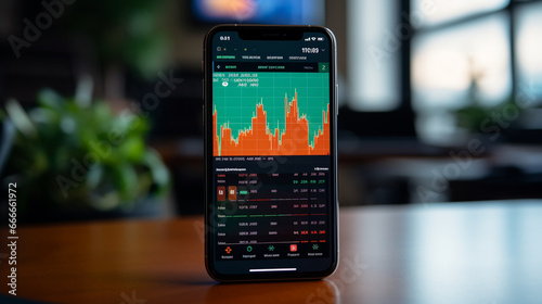 A mobile phone screen showing a dynamic stock price chart with up-to-the-minute trading information, highlighting the fast-paced nature of financial markets. 