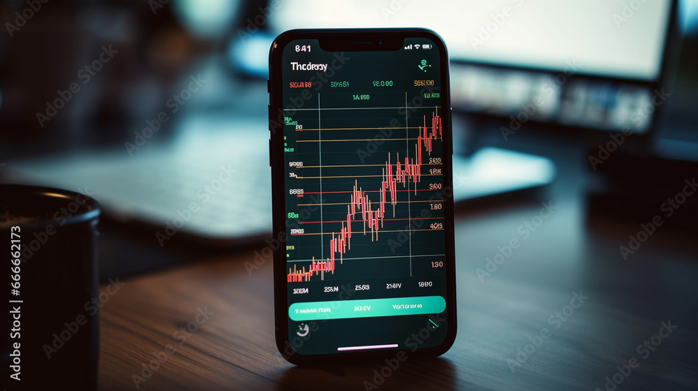 A mobile phone displaying a live stock price chart with real-time updates, emphasizing the need for immediate decision-making in trading.  - obrazy, fototapety, plakaty 