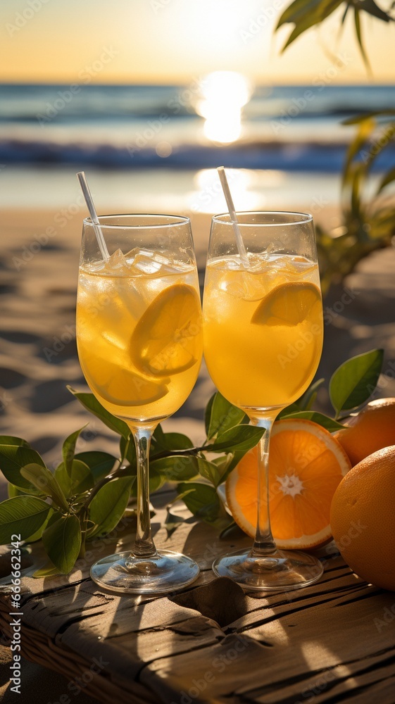 Orange juice-filled glasses on the sand at the beach.
