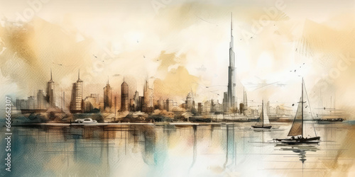 Color watercolor drawing of the silhouette of the City of Dubai. Generative AI.