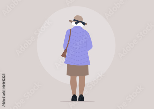 A full-length portrait of an older lady, viewed from behind, wearing a casual classic outfit