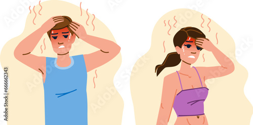 warm suffer from heat vector. summer woman, home hot, sofa pain warm suffer from heat character. people flat cartoon illustration