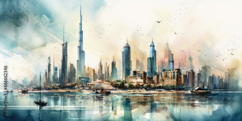 Color watercolor drawing of the silhouette of the City of Dubai. Generative AI. © Agustin