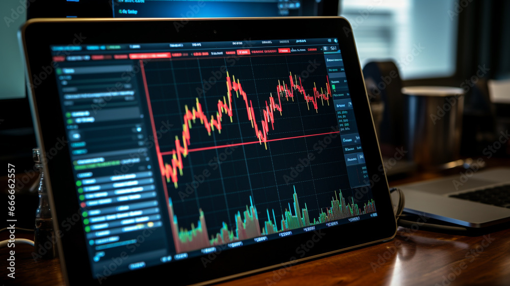 A tablet screen displaying a stock price chart with technical analysis tools, offering insights into market dynamics. A tablet screen displaying a stock price chart with technical analysis tools, offering insights into market dynamics.