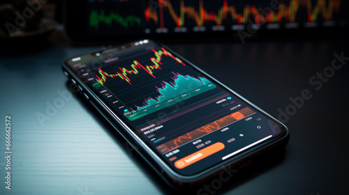 A mobile phone screen showing a stock price chart with moving averages and RSI indicators, essential for traders and investors. 