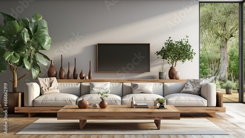 Couch, coffee table, and wooden TV cabinet in the living room . © tongpatong
