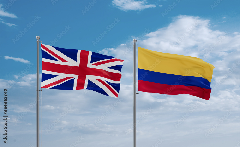 Colombia and United Kingdom flags, country relationship concept