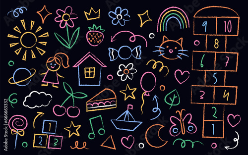 Collection of children school, kindergarten doodles. Cute childish hand drawn scribbles with chalk texture.